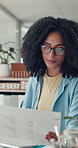 Business woman, document and review data in office for social media stats, online traffic and typing. Person, computer and check graph paperwork for analysis, analytics and platform engagement info