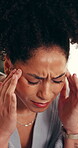 Pain, stress and woman with headache in home with discomfort, tension and bankruptcy pressure. Frustrated, person and migraine in apartment with temple massage, financial loss and uncomfortable ache