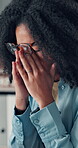 Tired, woman and employee with glasses, office and burnout with computer vision syndrome or overtime. Digital, eye strain and person with eyewear, yawning and exhausted with deadline and pressure