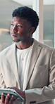 Window, man or thinking with tablet in office for article insight, storytelling angle or perspective. Journalist, black person or smile with technology at agency for editor feedback or headline ideas