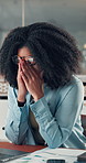 Woman, burnout and employee with glasses, office and tired with computer vision syndrome or overtime. Digital, eye strain and person with eyewear, yawning and exhausted with deadline and pressure