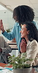 Success, high five and people in office with smile, good news and applause for report deadline. Happiness, cheer and consultant in agency with wow, celebration and teamwork for business growth.