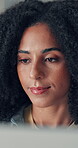 Reading, face or black woman in office with concentration, online communication or schedule update for meeting. Closeup, digital or employee in workplace with research, planning or review of proposal