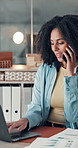 Woman, phone call and laptop with smile at startup, office and discussion with charts at media company. Person, happy and smartphone for contact, computer or feedback with web traffic stats at agency
