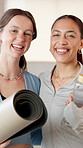 Girl, face and friends at gym with yoga mat, water and confidence at pilates class for wellness. Women, happy and excited together in portrait with bottle, gear or exercise equipment at health club