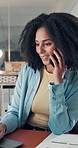 Woman, phone call and happy with laptop at startup, office and discussion with charts at media company. Person, smile and smartphone for contact, computer or feedback with web traffic stats at agency
