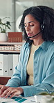 Typing, agent and woman with headset, call center and troubleshooting advice with mic or discussion. Talking, representative and person with IT assistance, tech support and communication with contact