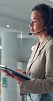 Talking, agent and woman in tablet, call center and communication with headset for customer inquiry. Happy, representative and person with tech for discussion, telemarketing and explaining service