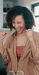 Excited, woman and fist pump with laptop at house for good news, celebration and job promotion. Person, applause and pc for online announcement, bonus winner and notification for giveaway achievement