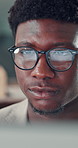 Glasses, reading and business black man in office for research, online proposal and planning. Reflection, startup agency and person with gantt graph for project management, task schedule and timeline