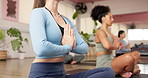 Yoga, meditation and woman in studio, hands together and spiritual wellness with pilates. People, yogi and holistic exercise with stress relief, zen and chakra with balance, awareness and health