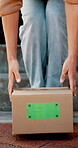 Hands, logistics and green screen on box with tracking markers, chromakey and shipping of ecommerce stock. Cargo, distribution and person outside in closeup, mock up and pickup of package at home.