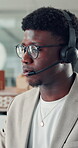 Agent, man or talking with headset in call center for lead generation, product knowledge or sales. Telemarketing, black person and discussion with outbound client for conflict resolution or follow up
