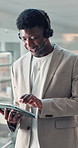 Black man, broker or consultant with tablet or headset for online advice, investment or negotiation. Businessman, agent or financial advisor talking with mic, app or technology for virtual assistance