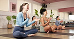 Yoga, meditation and women in studio, applause and smile with completed routine. People, clapping and group in health club, celebration and finished session with wellness, balance and mindfulness