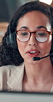 Telemarketing, computer and woman with headset, call center and communication with contact for sales. Talking, agent and person with glasses for consultation, reflection or lead generation on website