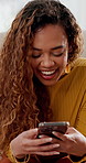 Student, girl and laugh with phone in home for typing, college meme and funny social media post. Gen z person, message and happy with tech for internet communication and university notifications