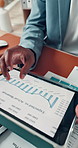 Tablet screen, hands and business person with graphs for research, project and finance agency. Professional consultant, feedback and worker on tech for information, internet and forecast report