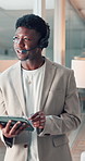 Headset, talking and business black man on tablet for financial advice, investment deal and contact. Finance consultant, corporate and person on digital tech for negotiation, conversation or planning