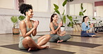 Yoga, meditation and women in health club, applause and balance with finished routine. People, clapping and group in studio, celebration and completed session with wellness, smile and mindfulness