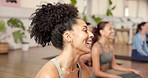 Yoga, meditation and woman in studio, funny and smile with fitness, awareness and balance. Group, happiness and people in health club, laugh or pilates with humor, joke and calm with holistic healing