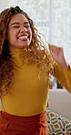 Student, dancing or happy woman in lounge for education,  celebrate scholarship or college acceptance. Mobile, winning or excited person in home for university application success, approval or energy