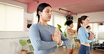 Yoga, meditation and woman in health club, hands together and spiritual wellness with fitness. People, yogi or holistic exercise with stress relief, zen and chakra with balance, awareness and pilates