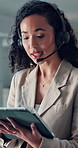 Headset, talking and business woman on tablet for financial advice, investment deal and contact. Finance consultant, corporate and person on digital tech for negotiation, conversation and planning