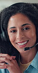 Woman, face and microphone with call center for communication, contact us or customer care. Portrait, help desk and happy female consultant with advice, support or telecom conversation with headset 