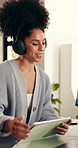 Woman, headphones and tablet with video call for remote work, admin or communication. Female person, online meeting or graph in home with tech for planning, discussion or freelance job and wave