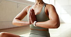 Yoga, prayer and hands of woman in studio for wellness, mindfulness and breathing exercise for calm. Meditation, morning routine and person with peace in pose for health, balance and holistic healing