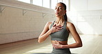 Breath, wellness and woman in yoga studio for meditation, mindfulness and awareness for morning routine. Inner peace, balance and person with breathe exercise for calm, health and holistic healing