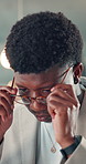 Glasses, business man and research in office for publication, news story or editing article draft. Journalist, black person and tech reflection at media agency for proofreading or fact checking info