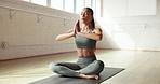 Yoga, prayer hands and woman in studio breathe for wellness, mindfulness and exercise for calm. Meditation, morning routine and person with peace on mat for health, awareness and holistic healing