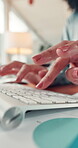 Hands, keyboard and typing with person in office for campaign, creative project or email marketing. Business woman, website content writing or blog with tech closeup, review or editing at startup