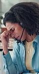 Business woman, headset and headache at workplace with stress, burnout or pain at callcenter. Consultant, migraine or brain fog with customer service mistake with phone call or communication fail