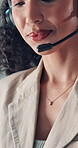 Business woman, microphone and call center for communication, contact us or customer service. Talking, help desk and female consultant with advice, support or telecom conversation with headset 