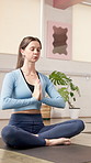 Yoga, meditation and woman in studio with prayer hands for mindfulness, holistic wellness or breathwork. Zen, calm or female person stretching in health club with mudra for balance, peace or fitness.