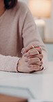 Hands, woman and nervous for counseling session for psychology, panic attack and mental health. Closeup, person and trauma victim with anxiety, bipolar history and emotional support for ptsd healing