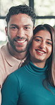 Love, face and happy couple with hug in home, commitment and romantic connection in relationship. Portrait, man and woman embrace with care in apartment for bonding, support and affection in marriage
