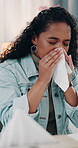 Sick, blowing nose or black woman in clinic with tissue, influenza or cold in allergy season. Healthcare, virus or girl in hospital with paper napkin, congestion or viral flu in wellness risk.