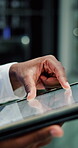 Night, hands and businessman with tablet for scroll, article research and website information. Journalist, tech and reading in office for latest news, uploading deadline or schedule update in closeup