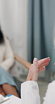 Doctor, talking and advice with hands of woman in clinic for consulting, treatment plan or medical appointment. Healthcare checkup, discussion and diagnosis feedback with people in office for patient