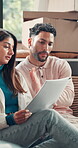 Reading, documents and moving with couple in new home for rental contract, discussion and property. Real estate investment, mortgage agreement and paperwork with man and woman in living room of house