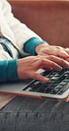 Laptop, typing and hands of businesswoman in office with research for finance report with budget plan. Technology, contact and financial advisor on computer for investment proposal with online email.