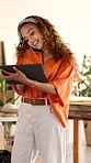 Woman, designer and phone call in office with tablet for ecommerce, fashion order and supplier chat. Creative, clothing brand and person talking with tech for contact, design plan and small business.