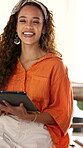 Face, happy woman and designer in office with tablet for fashion career, retail startup and online shop. Confident, person and tech in workplace for creative job, design plan and entrepreneurship.