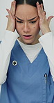 Woman, nurse and headache with anxiety, burnout or mistake in hospital office. Frustrated, sad physician or medical healthcare person with stress, loss crisis or failed surgery in clinic break room