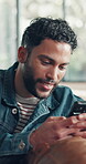 Phone, smile and typing with man on sofa for social media, text message and post comment. Online chat forum, notification and communication app with person in living room of home for connection