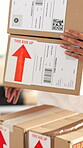 Logistics, package and hands of woman with boxes for ecommerce, product shipping and distribution. Delivery info, supply chain and entrepreneur with parcel stack to transport, post order and courier.
